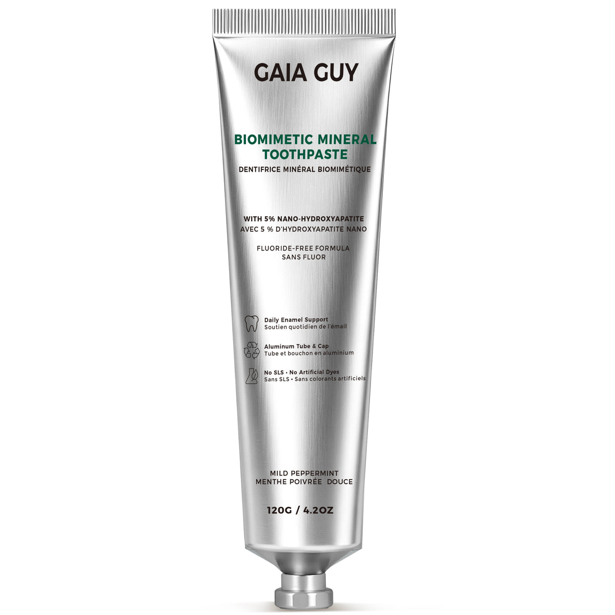 Gaia Guy Biomimetic Mineral Toothpaste – 5% Nano-Hydroxyapatite, Fluoride-Free, Mild Peppermint | 120g Aluminum Tube
