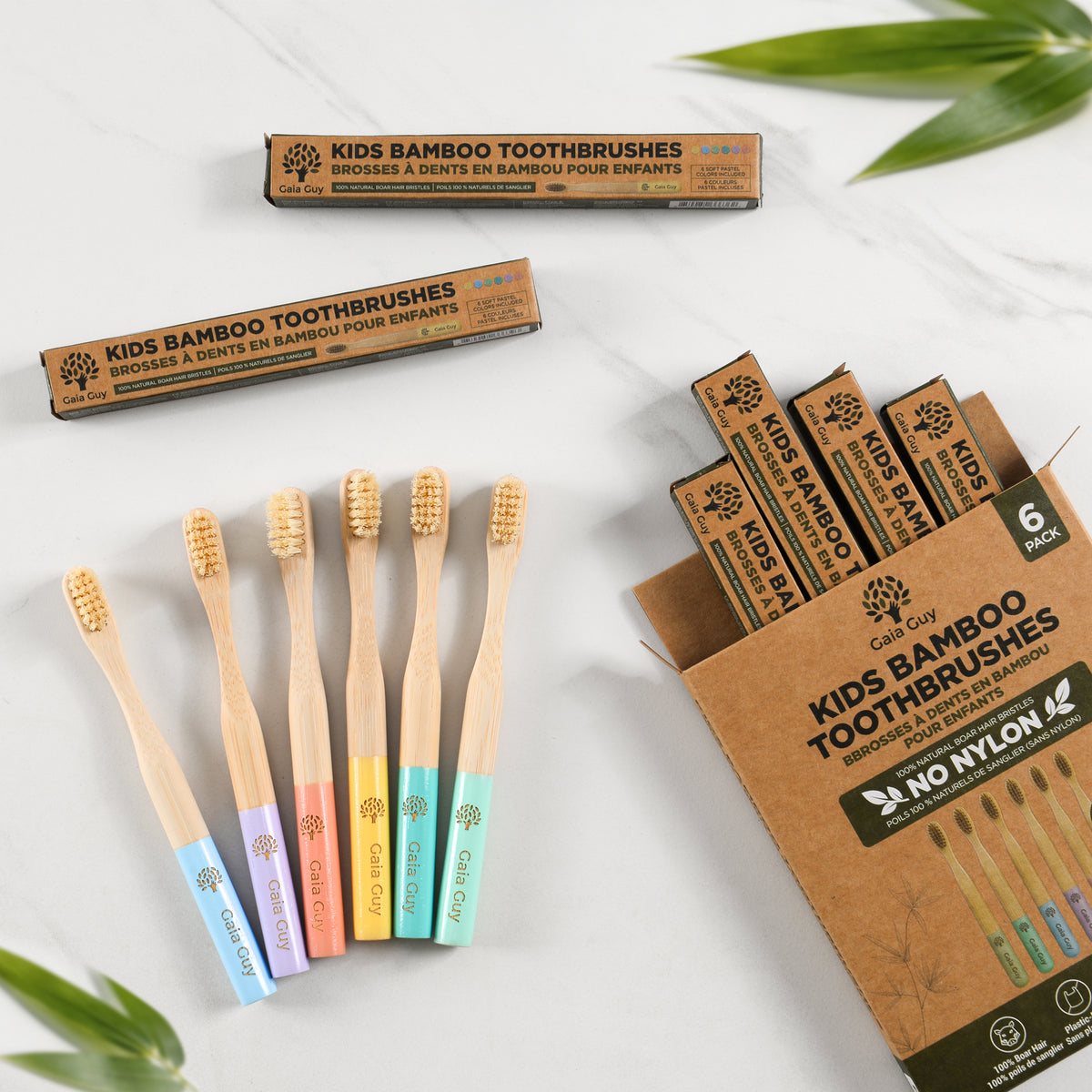 Kids’ Bamboo Toothbrushes with Natural Boar Bristles – 6 Pack