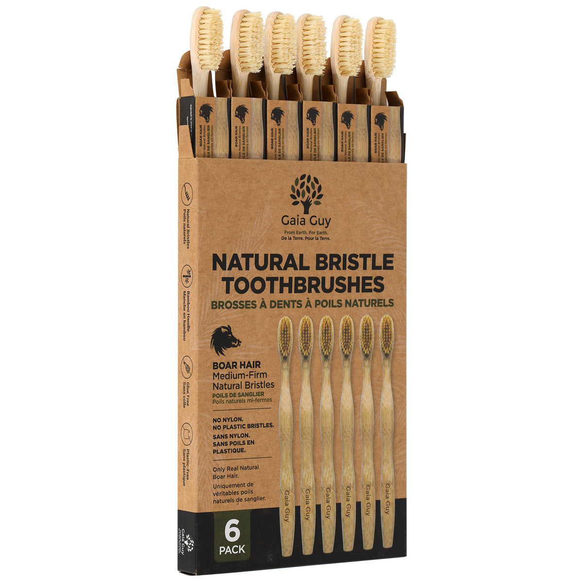 Boar Bristle Bamboo Toothbrushes, 6 Pack