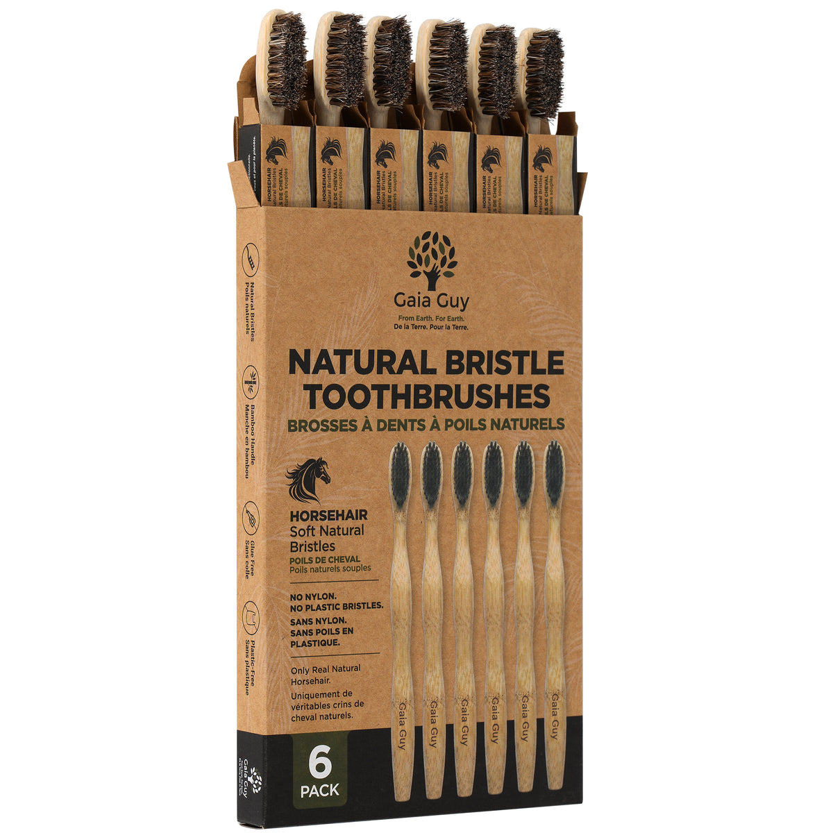 Horsehair Bamboo Toothbrushes, 6 Pack