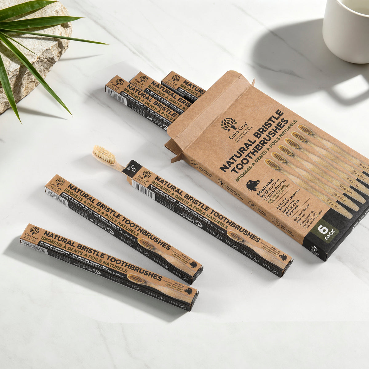 Boar Bristle Bamboo Toothbrushes, 6 Pack