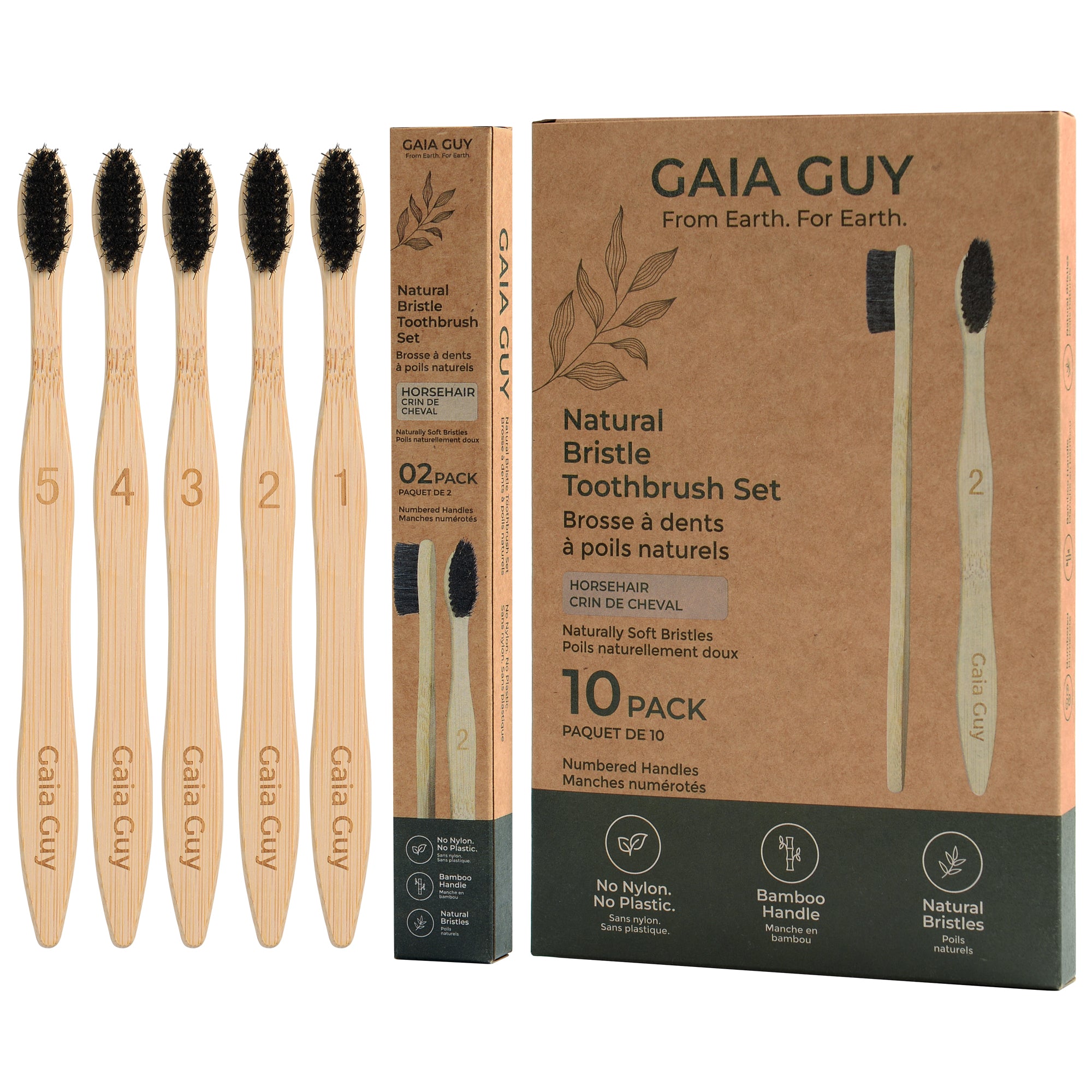 Natural Horsehair Bamboo Toothbrushes – 10 Pack | Numbered Family Set | Gaia Guy