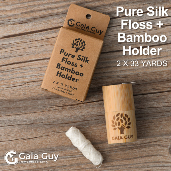 Gaia Guy Natural Unflavored Silk Dental Floss with Floss Refill & Reusable Bamboo Holder | 2 x 33yds