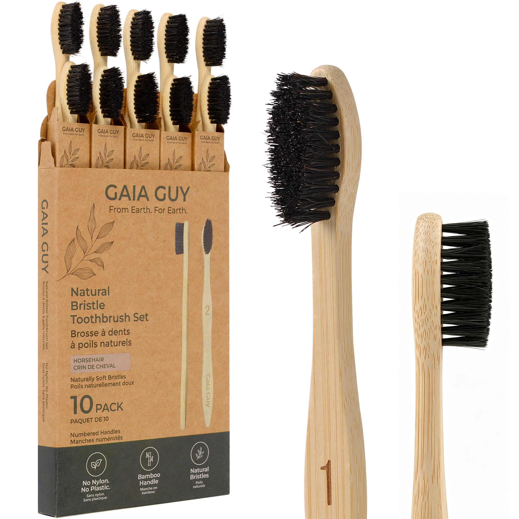 Natural Horsehair Bamboo Toothbrushes – 10 Pack | Numbered Family Set | Gaia Guy