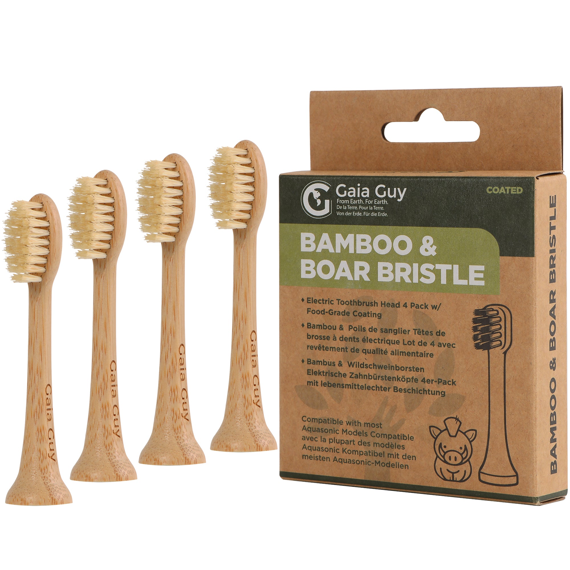 Gaia Guy Bamboo & Boar Hair Electric Toothbrush Heads – 4-Pack | Compatible with AquaSonic® | Natural Boar Hair Bristles | Coated or Uncoated