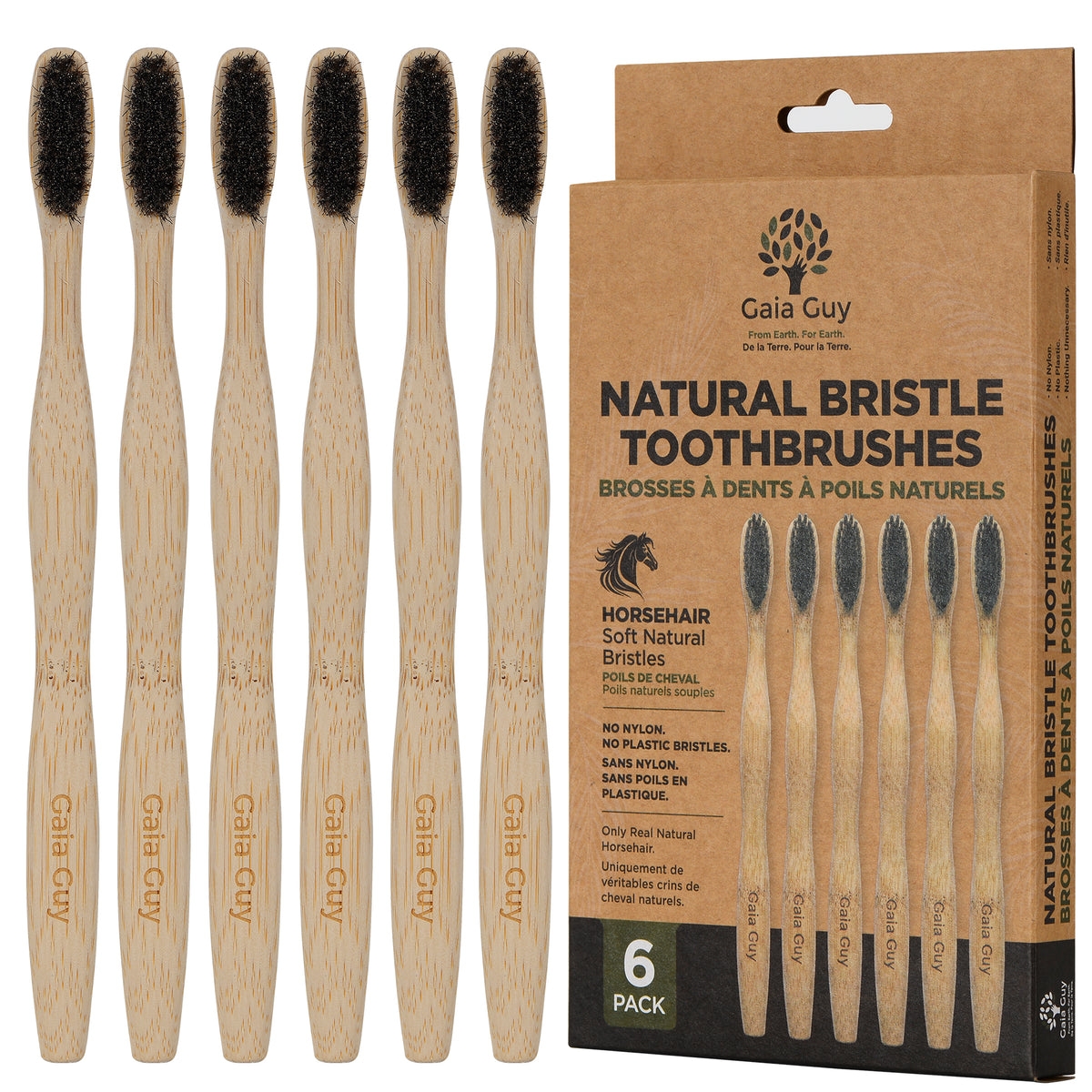 Horsehair Bamboo Toothbrushes, 6 Pack
