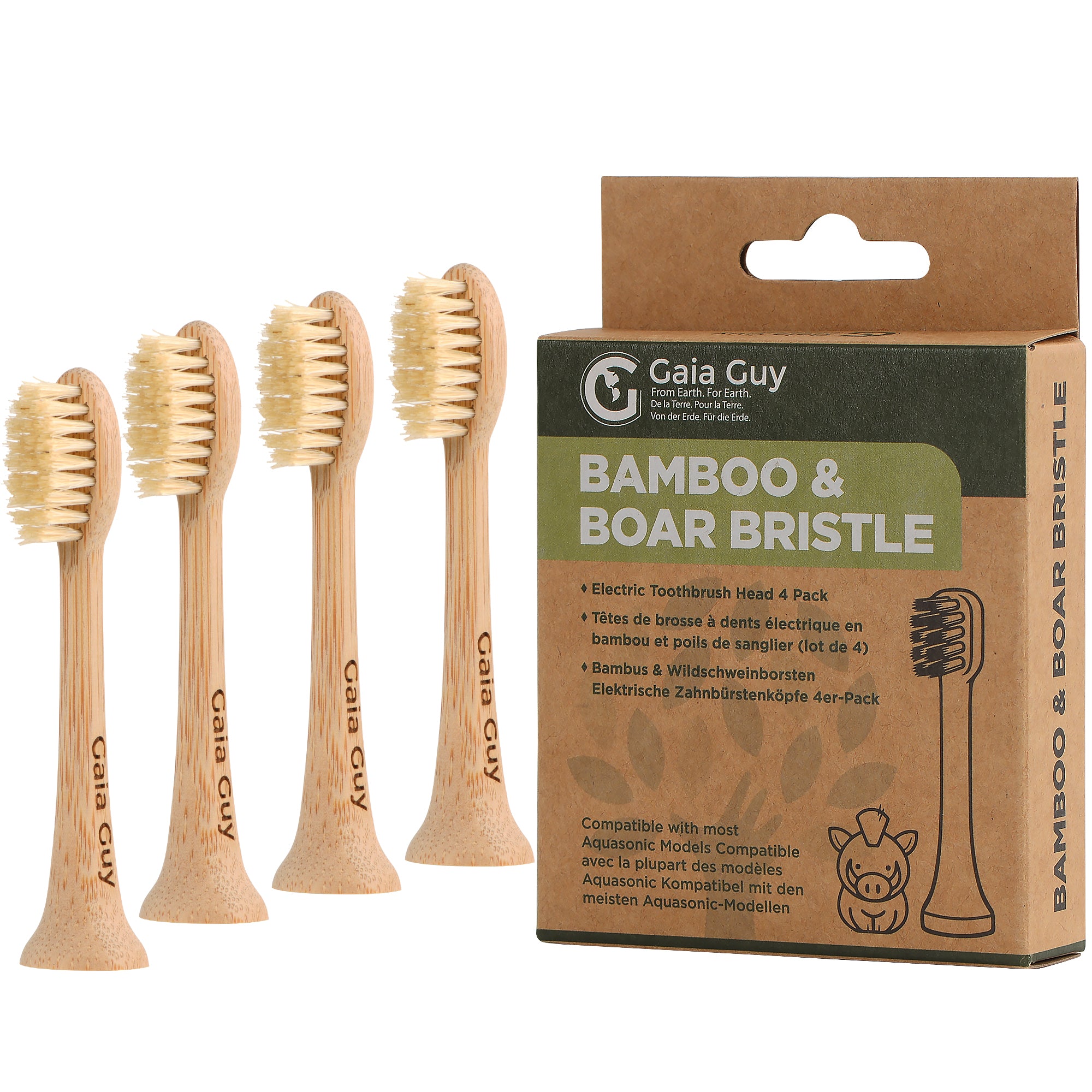 Gaia Guy Bamboo & Boar Hair Electric Toothbrush Heads – 4-Pack | Compatible with AquaSonic® | Natural Boar Hair Bristles | Coated or Uncoated