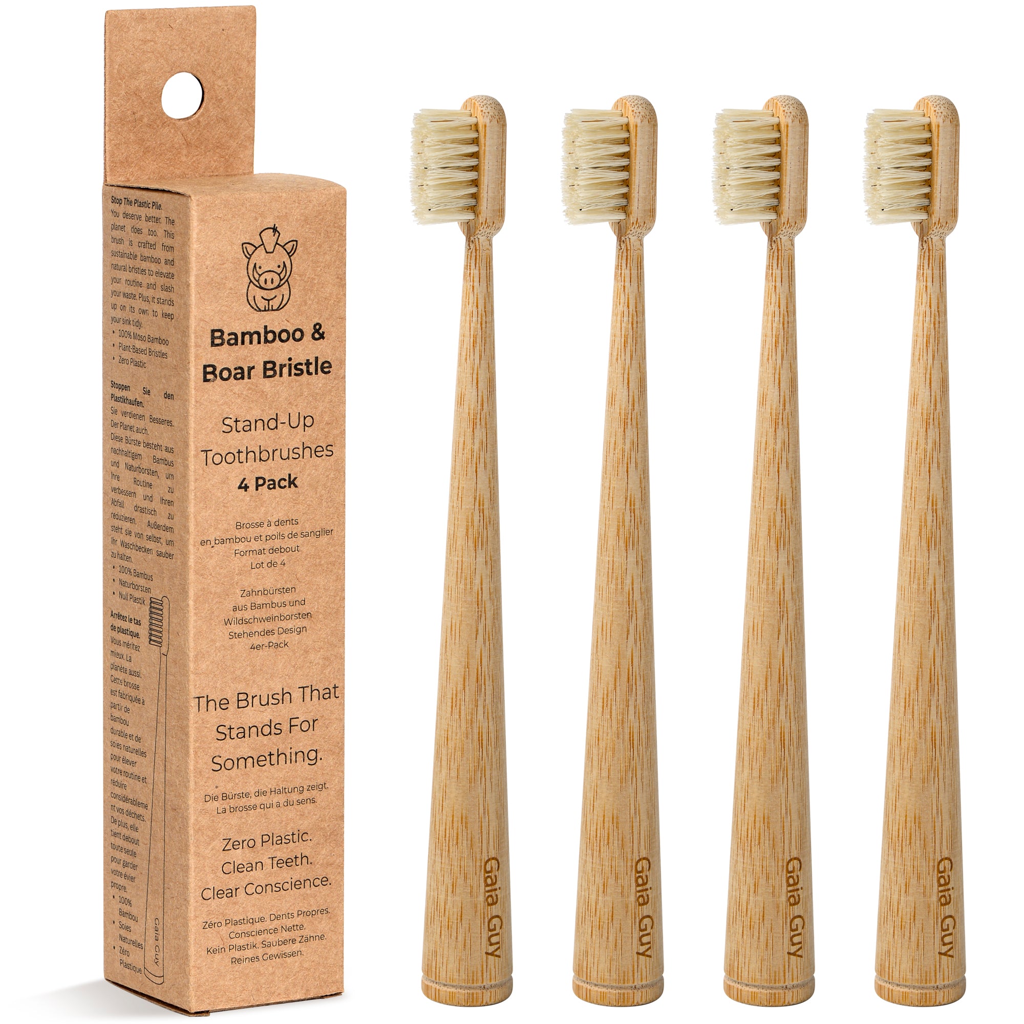 Gaia Guy Self-Standing Boar Bristle Toothbrush – Natural Bamboo Toothbrush with 100% Boar Hair Bristles – Plastic-Free, Biodegradable, Soft Natural Toothbrush – Eco Friendly Oral Care (4 Pack)