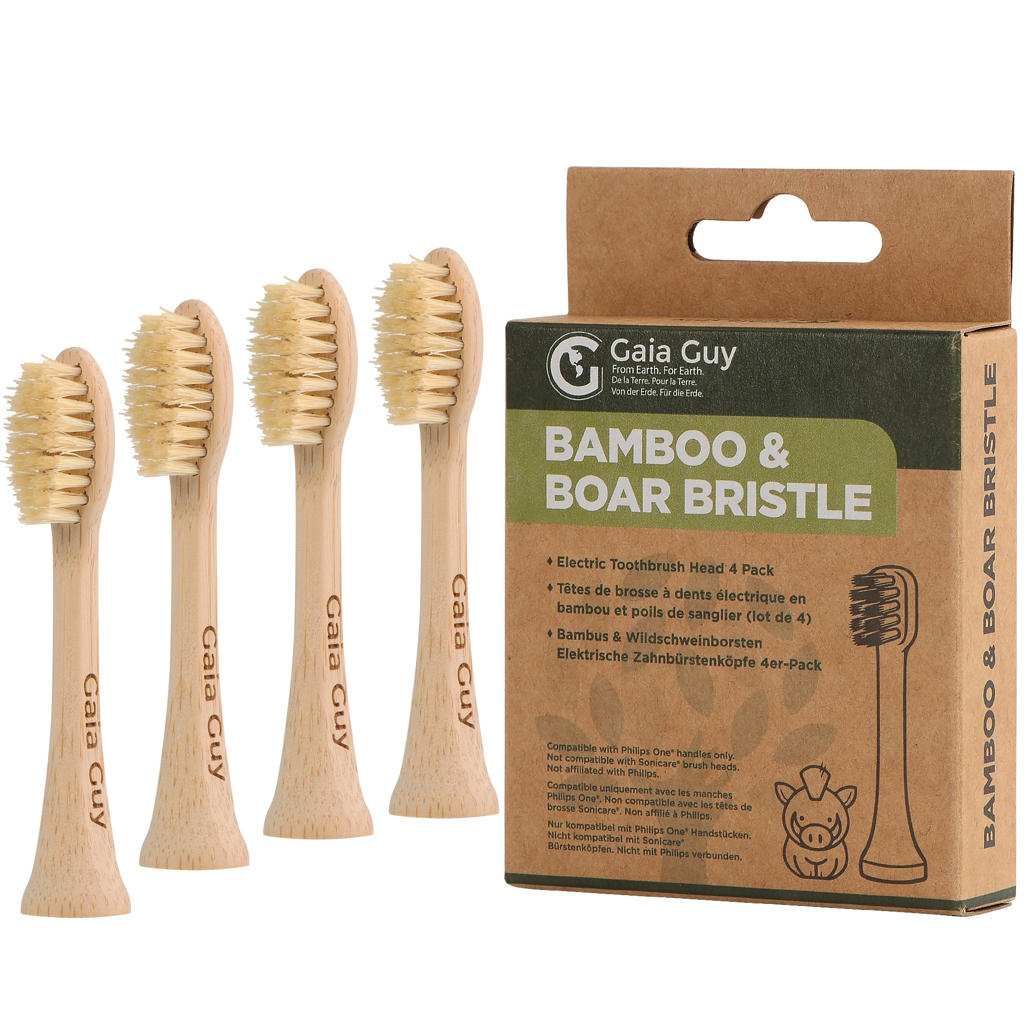 Gaia Guy Bamboo & Boar Bristle Electric Toothbrush Heads (4-Pack) | Compatible with Philips One® | Natural Boar Bristles | Coated or Uncoated