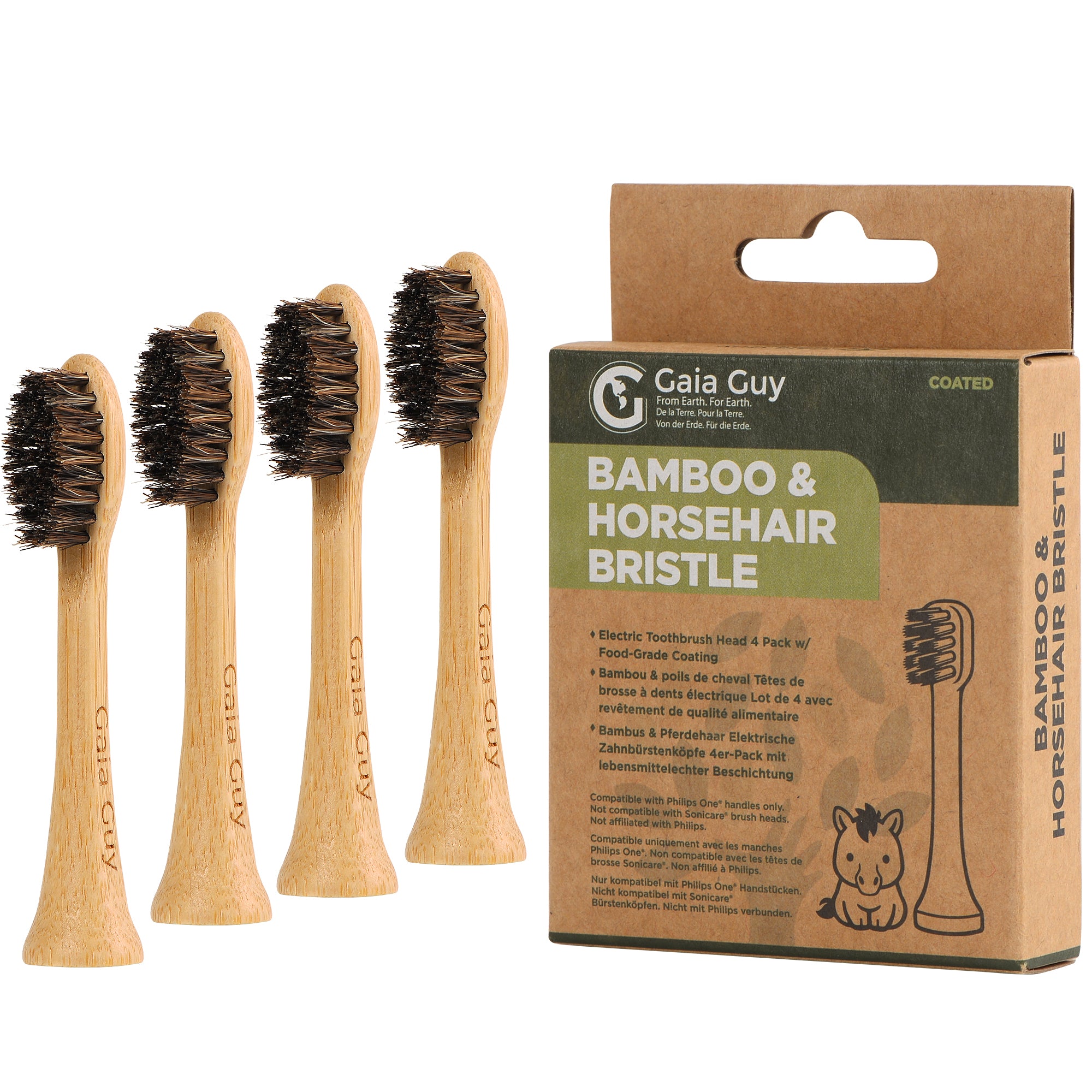 Gaia Guy Bamboo & Horsehair Electric Toothbrush Heads – 4-Pack | Compatible with Philips One® | Natural Horsehair Bristles | Coated or Uncoated