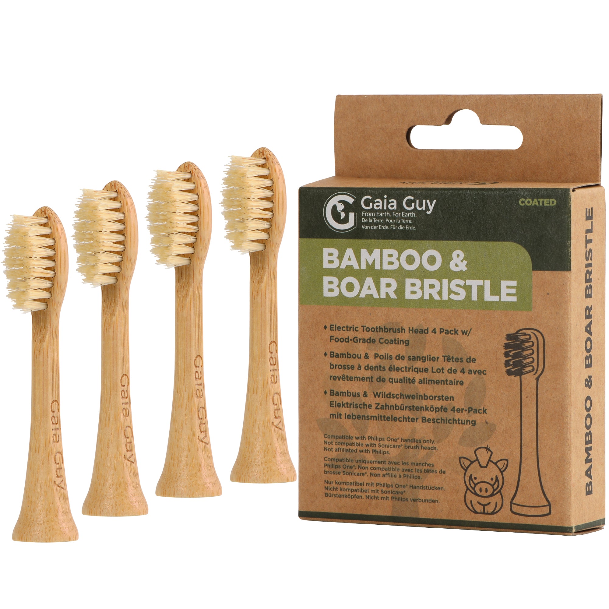 Gaia Guy Bamboo & Boar Bristle Electric Toothbrush Heads (4-Pack) | Compatible with Philips One® | Natural Boar Bristles | Coated or Uncoated