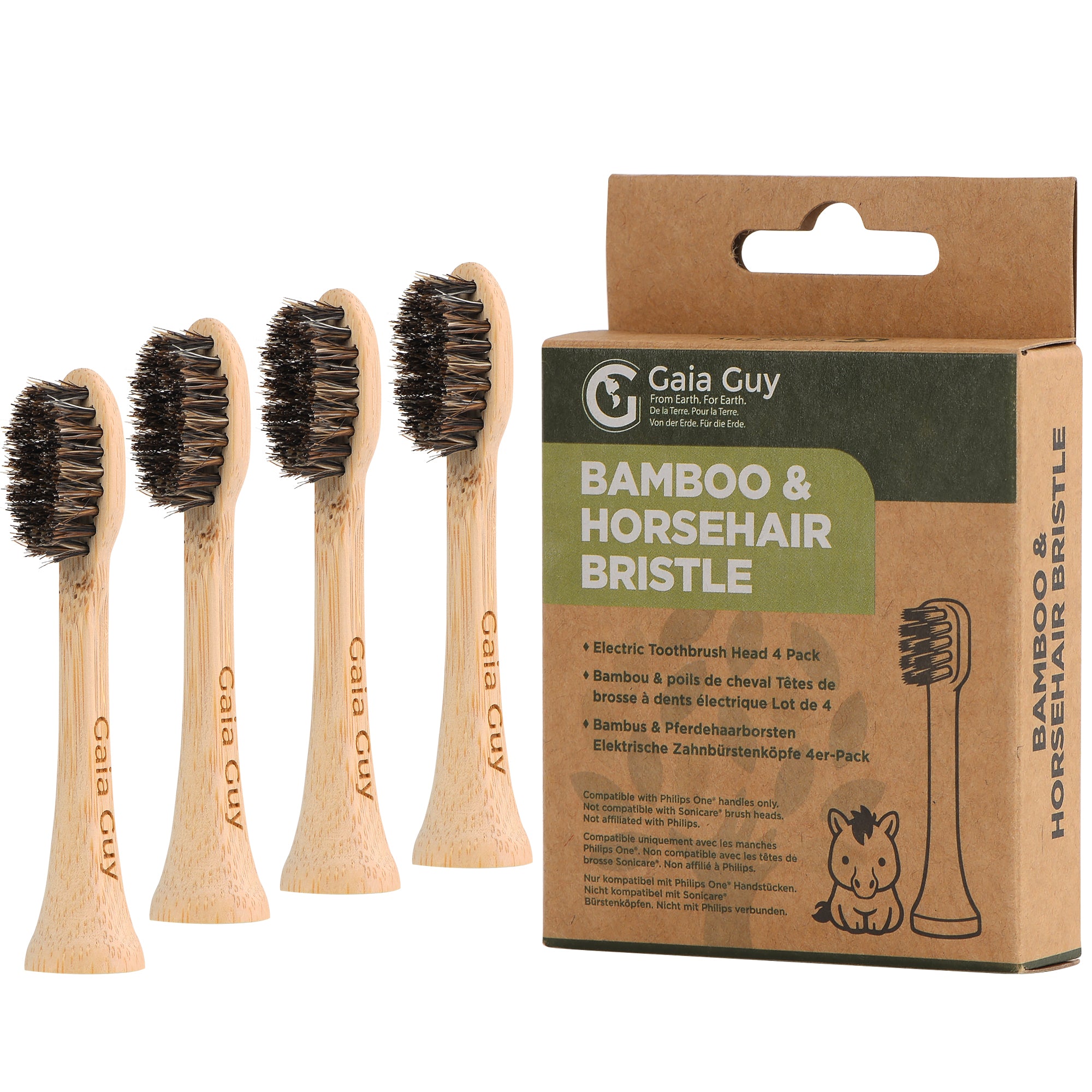 Gaia Guy Bamboo & Horsehair Electric Toothbrush Heads – 4-Pack | Compatible with Philips One® | Natural Horsehair Bristles | Coated or Uncoated