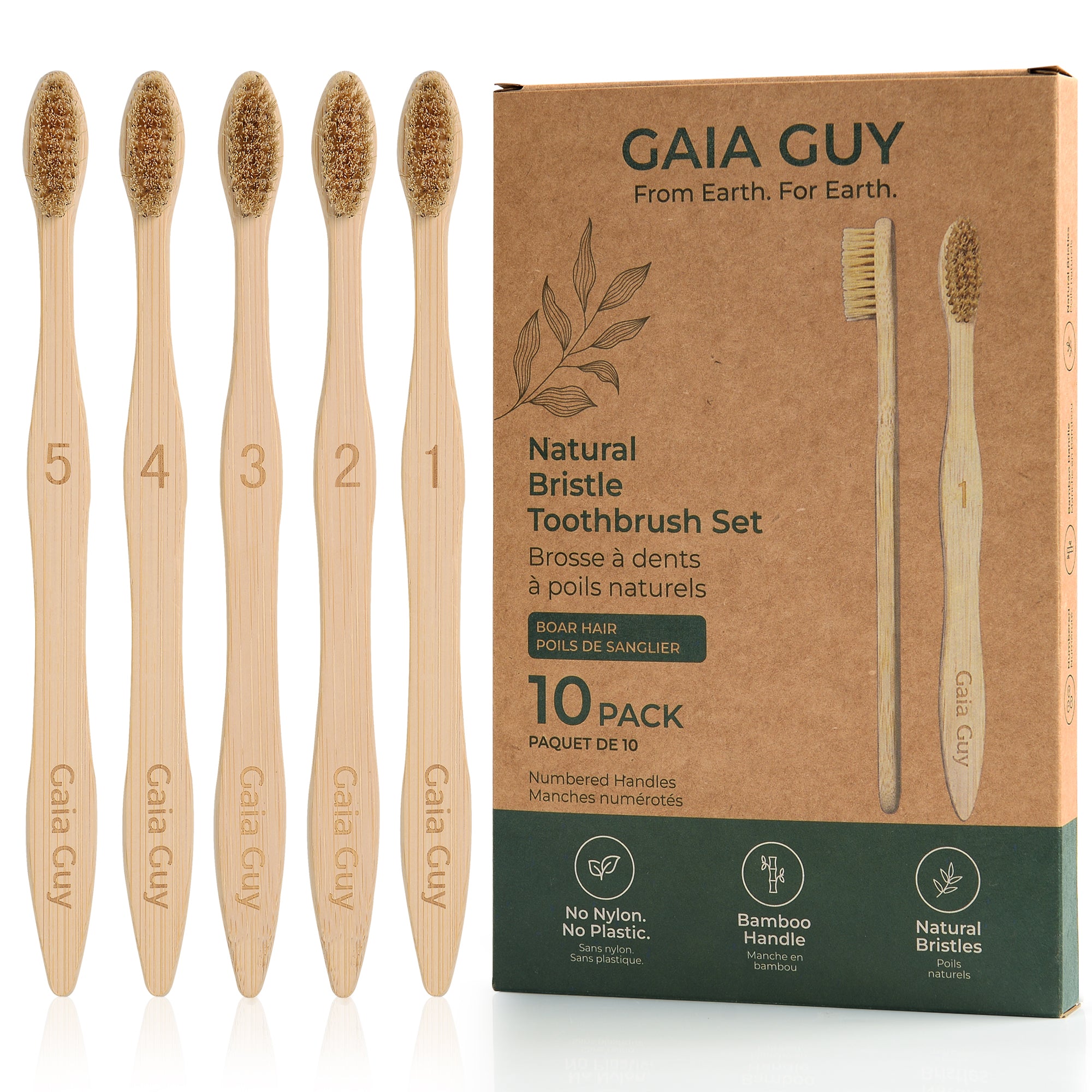 Natural Boar Bristle Bamboo Toothbrushes – 10 Pack | Numbered Family Set | Gaia Guy