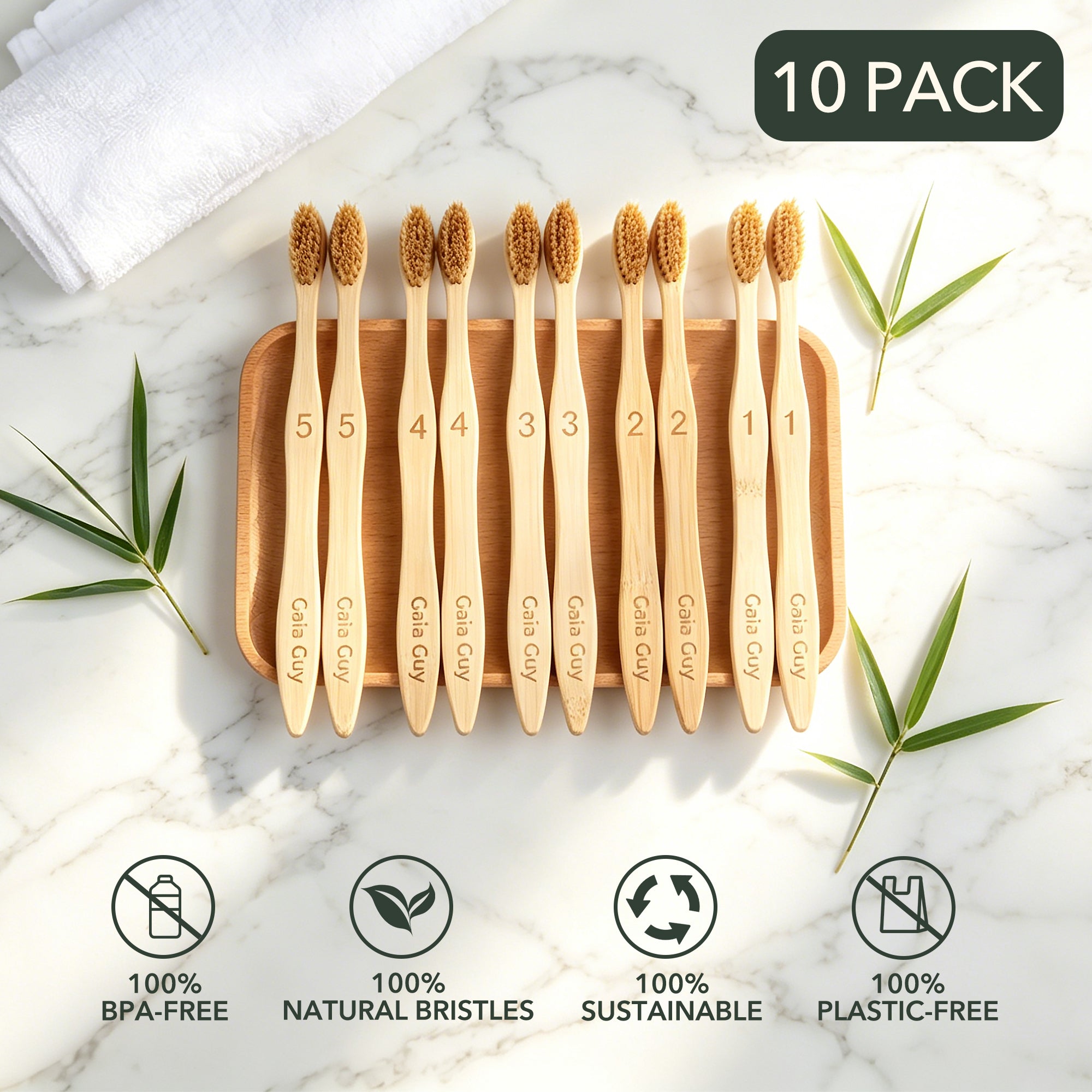 10 Natural Boar Bristle Bamboo Toothbrushes with 2 Diatomite Toothbrush Holders | Plastic-Free Oral Care Set