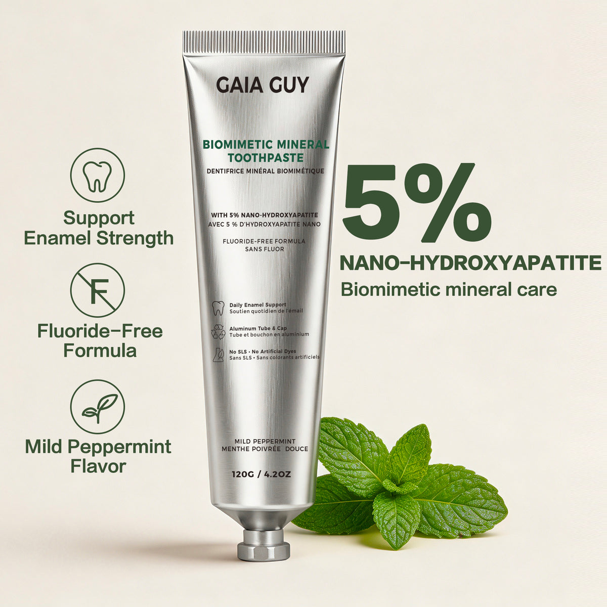 Gaia Guy Biomimetic Mineral Toothpaste – 5% Nano-Hydroxyapatite, Fluoride-Free, Mild Peppermint | 120g Aluminum Tube