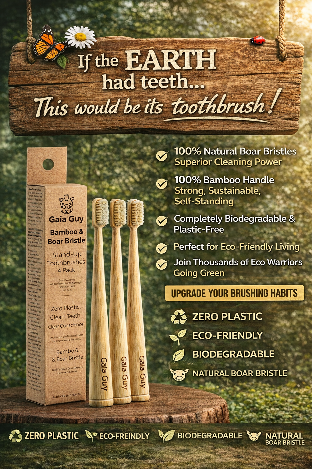 Gaia Guy Self-Standing Boar Bristle Toothbrush – Natural Bamboo Toothbrush with 100% Boar Hair Bristles – Plastic-Free, Biodegradable, Soft Natural Toothbrush – Eco Friendly Oral Care (4 Pack)
