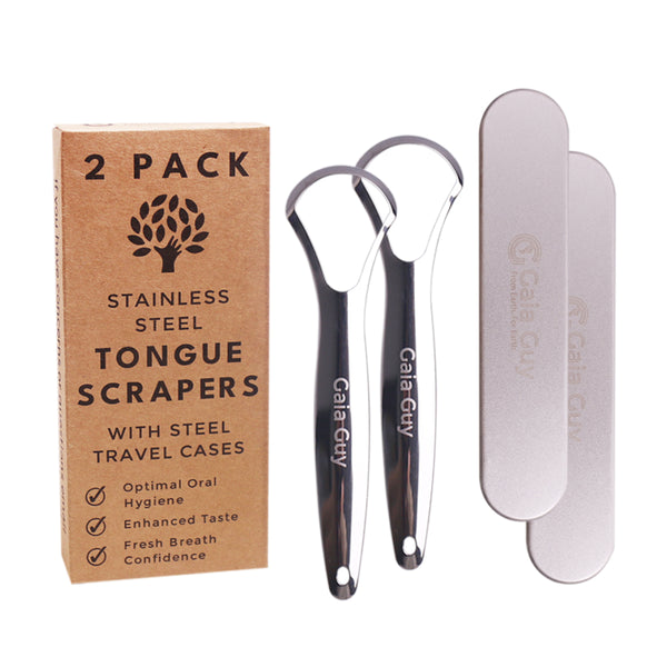 2 Stainless Steel Tongue Scrapers With 2 Steel Travel Cases (PlasticF