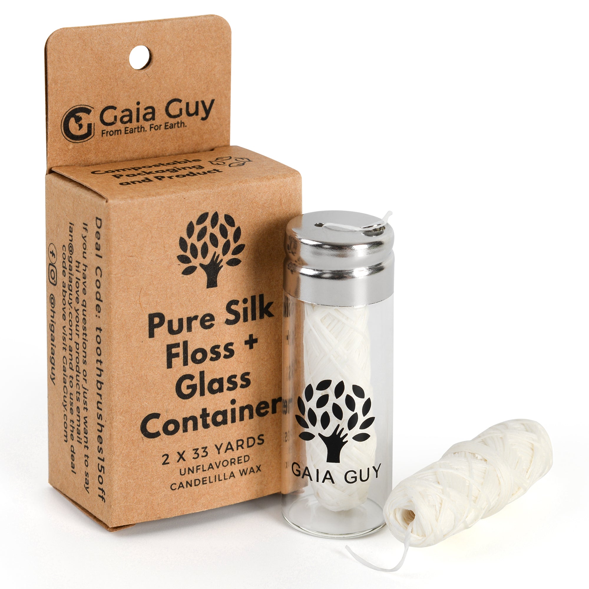 Natural Silk Dental Floss with Refillable Glass Jar – 2 Pack (Choose Peppermint or Unflavored)