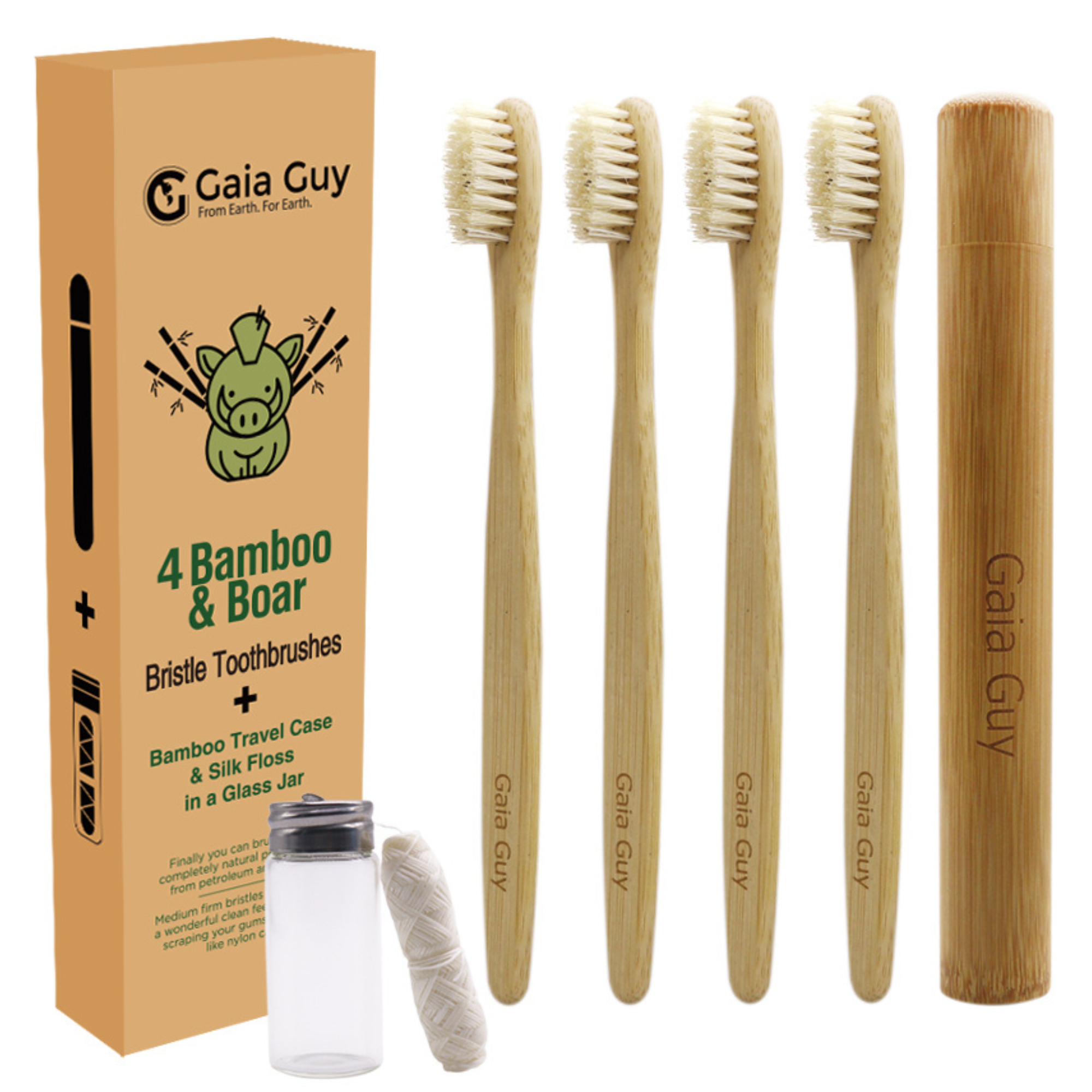 Bamboo and Boar Bristle Toothbrush 4-Pack, Bamboo Toothbrush Travel Case, 30m Silk Floss | Nylon-Free Natural Bristles and Silk Floss | Plastic-Free