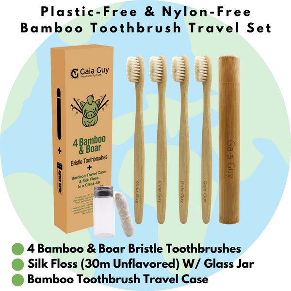 Plastic-Free Eco Dental Kit | Bamboo and Boar Bristle Toothbrushes + Silk Floss + Travel Case + Copper Tongue Scraper | Zero Waste Oral Hygiene