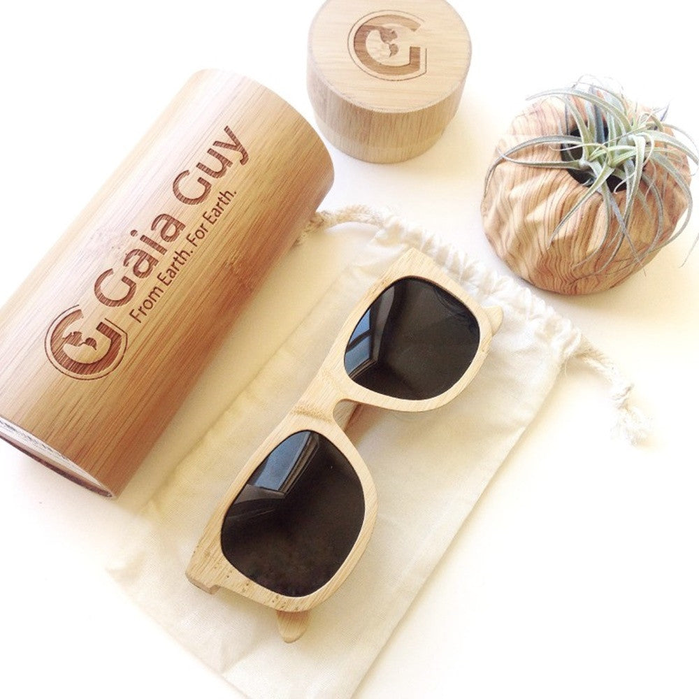Bamboo Sunglasses & Bamboo Case, Organic Cotton Pouch, Wayfarer Style, Men - Women - Gaia Guy