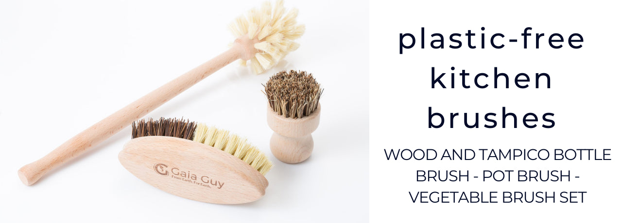 Wood and Tampico Bottle Brush - Pot Brush - Vegetable Brush Set - Zero Waste & Biodegradable Kitchen Brushes