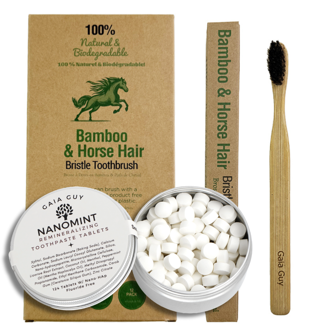 Gaia Guy Natural Oral Care Bundle – Bamboo & Horsehair Toothbrush + NanoMint Toothpaste Tablets (124 Tabs) | Fluoride-Free, Eco-Friendly