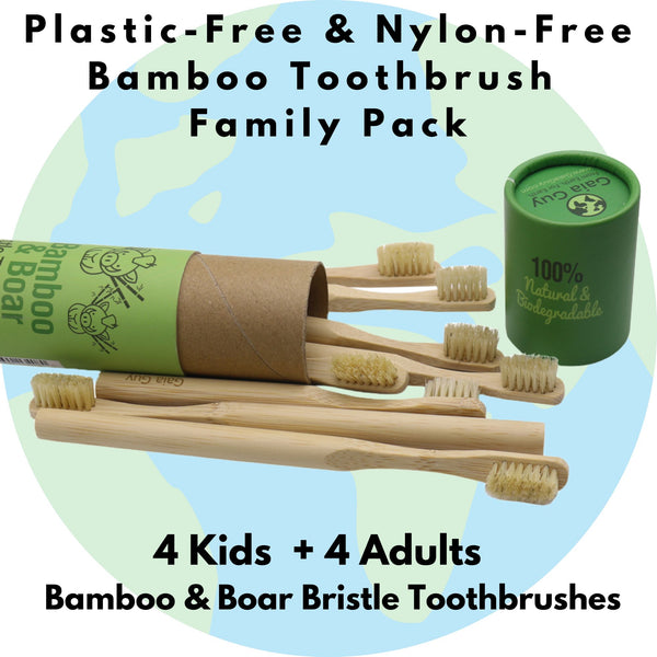 Natural Bristle Bamboo Toothbrush 8-Pack (NO Nylon - Boar Hair ONLY) - Compostable - For Kids & Adults
