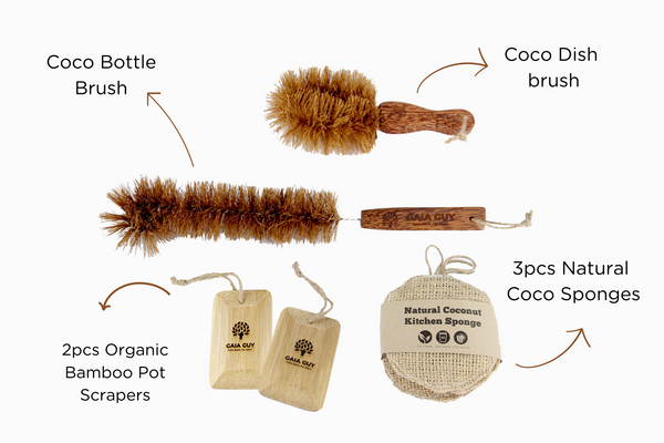 Coconut Kitchen Cleaning Kit! Eco-Friendly Zero Waste Kitchen Kit - Brushes, Sponges and Pot Scrapers