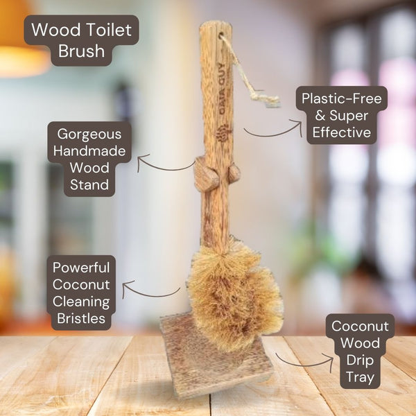 Plastic-Free Coconut Wood Toilet Brush With Coconut Bristles and Coconut Wood Stand