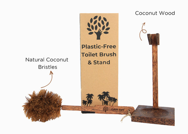 Plastic-Free Coconut Wood Toilet Brush With Coconut Bristles and Coconut Wood Stand