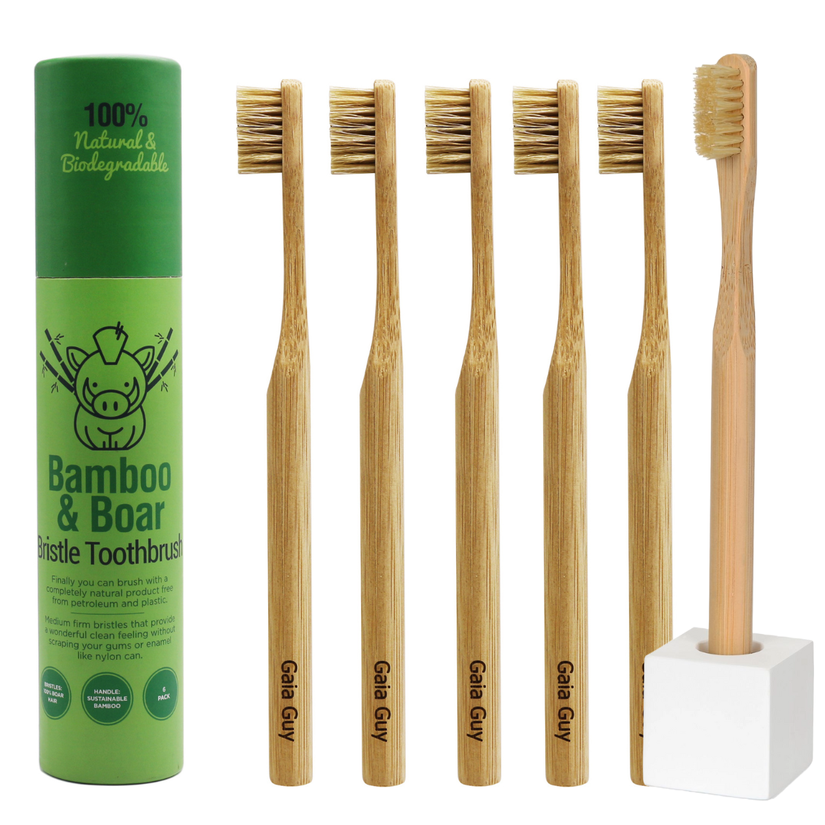 Natural Bristle Toothbrush and Stone Cube Holder