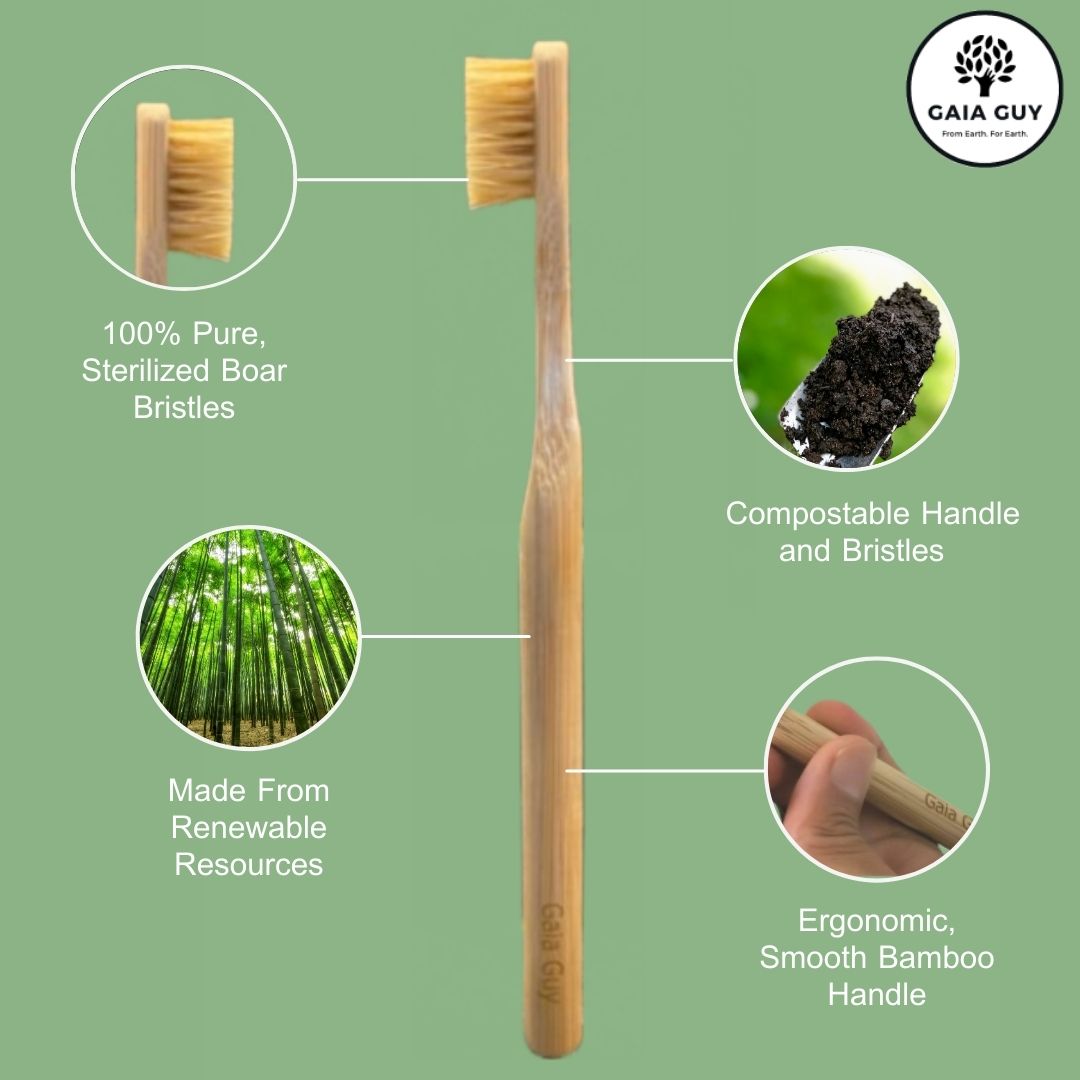 Natural Bristle Bamboo Toothbrush for Kids (Boar Hair ONLY) - 6-Pack of Boar Bristle Toothbrushes (Plastic-Free)