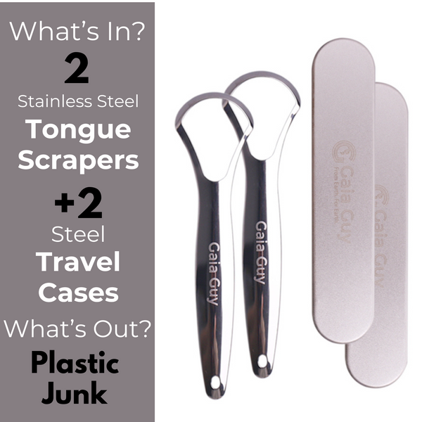 2 Stainless Steel Tongue Scrapers With 2 Steel Travel Cases (Plastic-Free)