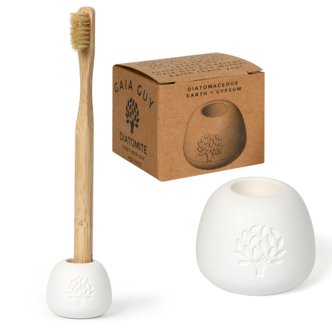 Organic Bamboo and Boar Hair Toothbrush Bundle: 6-Pack + Stylish Diatomite Toothbrush Holder