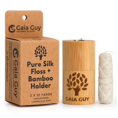Gaia Guy Natural Unflavored Silk Dental Floss with Floss Refill & Reusable Bamboo Holder | 2 x 33yds