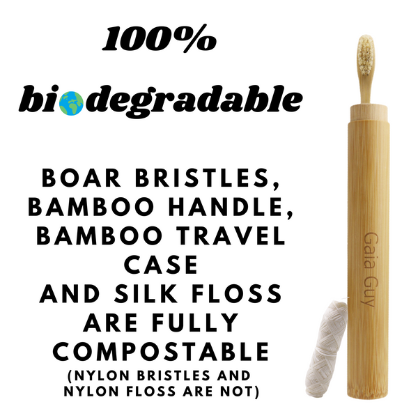 Bamboo and Boar Bristle Toothbrush 4-Pack, Bamboo Toothbrush Travel Case, 30m Silk  Floss | Nylon-Free Natural Bristles and Silk Floss | Plastic-Free