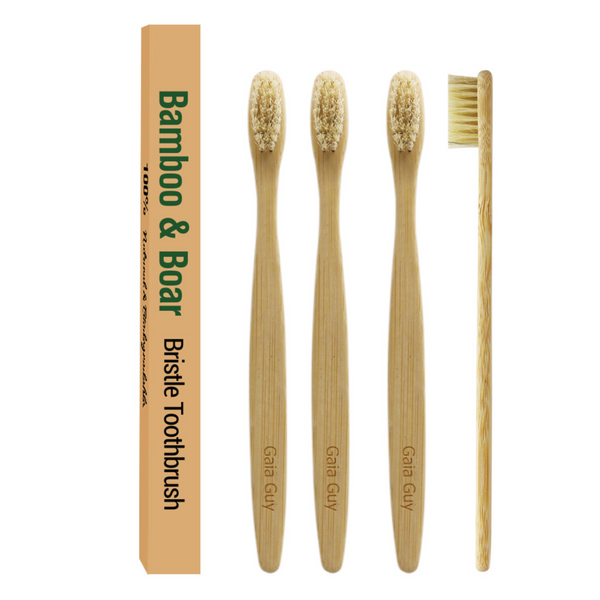 Bamboo and Boar Bristle Toothbrush 4-Pack, Bamboo Toothbrush Travel Case, 30m Silk  Floss | Nylon-Free Natural Bristles and Silk Floss | Plastic-Free