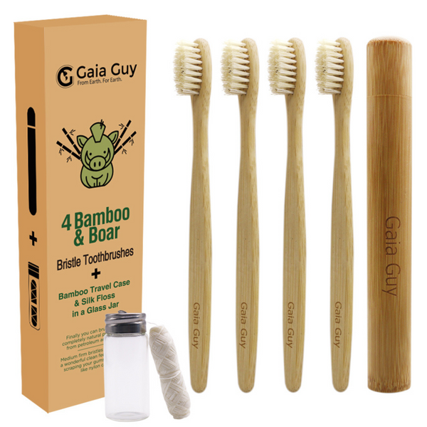 Bamboo and Boar Bristle Toothbrush 4-Pack, Bamboo Toothbrush Travel Case, 30m Silk  Floss | Nylon-Free Natural Bristles and Silk Floss | Plastic-Free