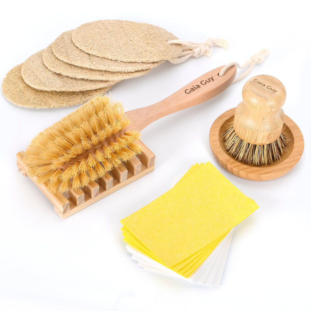 Zero Waste Kitchen Kit: Bamboo Pot Scrubber, Wood Dish Brush