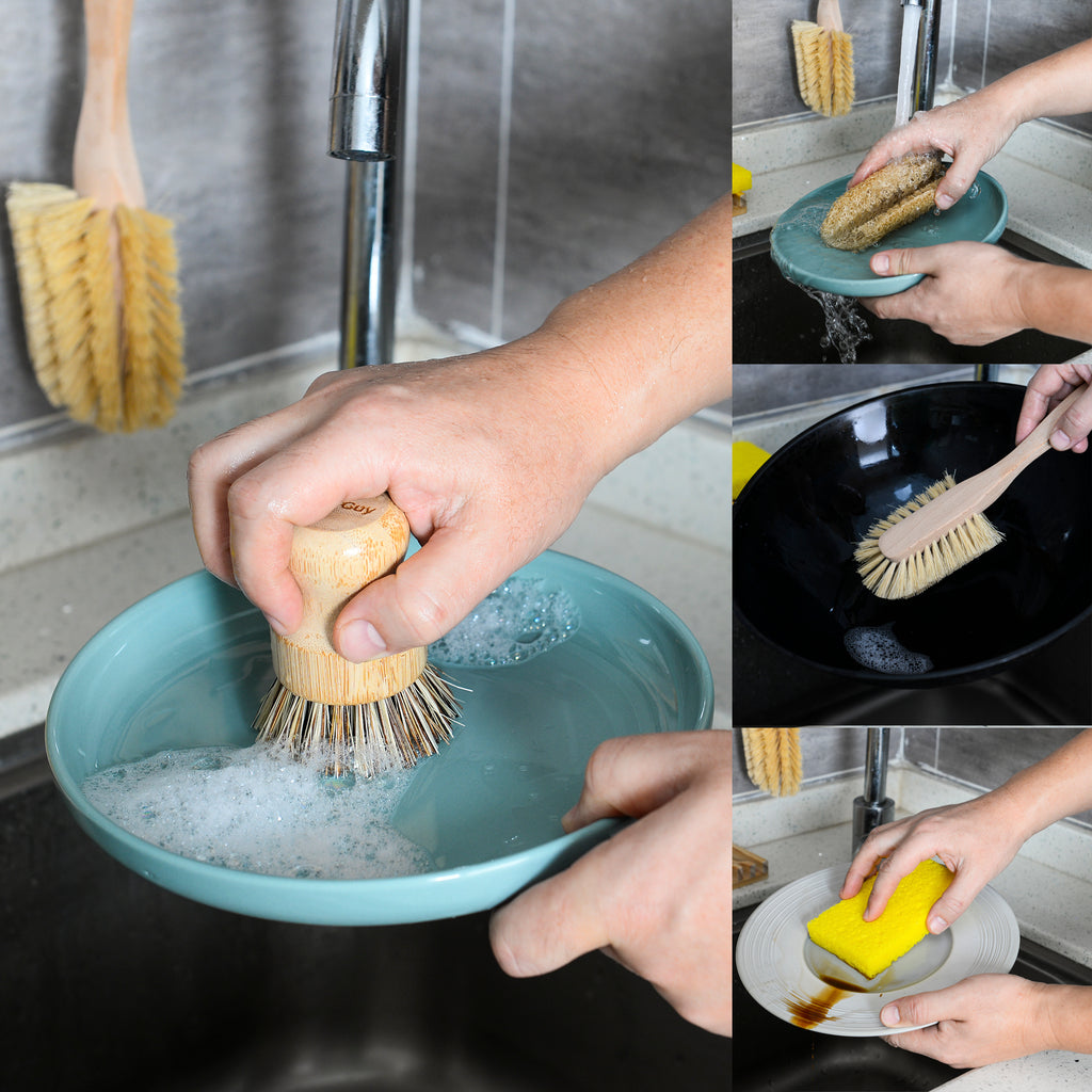 Zero Waste Kitchen Kit: Bamboo Pot Scrubber, Wood Dish Brush, Loofah Sponges, Plastic-Free Cellulose Sponges, Bamboo Brush Holder, Wood Soap Tray