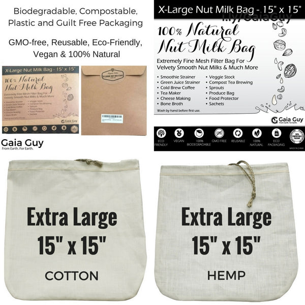 Extra Large Nut Milk Bags - 2 Pack - Hemp and Organic Cotton