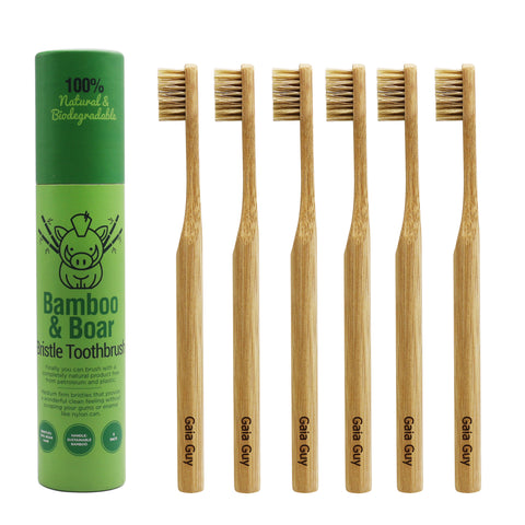 Natural Bristle Bamboo Toothbrush With Boar Hair - 6-pack