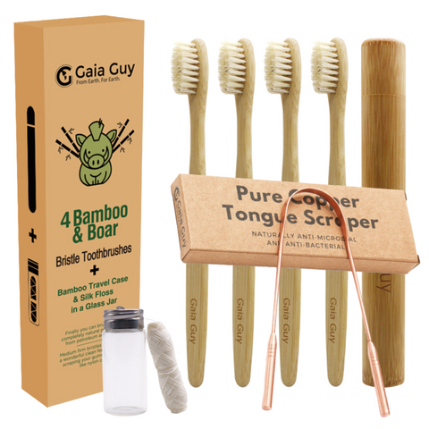Plastic-Free Eco Dental Kit | Bamboo and Boar Bristle Toothbrushes + Silk Floss + Travel Case + Copper Tongue Scraper | Zero Waste Oral Hygiene