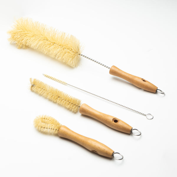 Plant-Based Bristle Bottle Brush and Straw Set (NO PLASTIC) Sisal Bristles, Wood Handles and Stainless Steel Bottle Cleaners